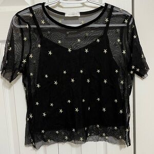 Glance Black Star-Embellished Sheer Layered Camisole